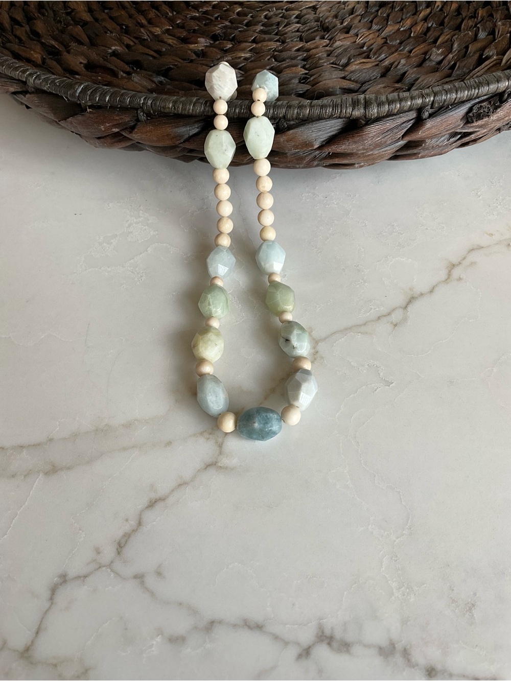 Beaded faceted Aquamarine and cream bead  Necklace - Natural Blue Green